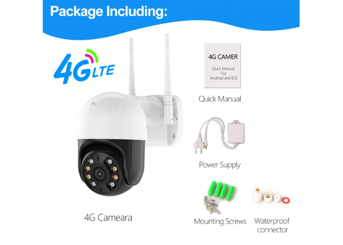 4G Уличная поворотная наружная цифровая IP PTZ камера видеонаблюдения HD 2MP под сим карту